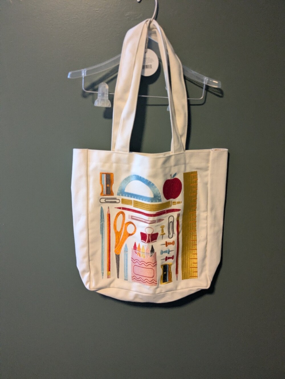 Cream Canvas Tote with Colorful School Supply Illustration Embroidery
